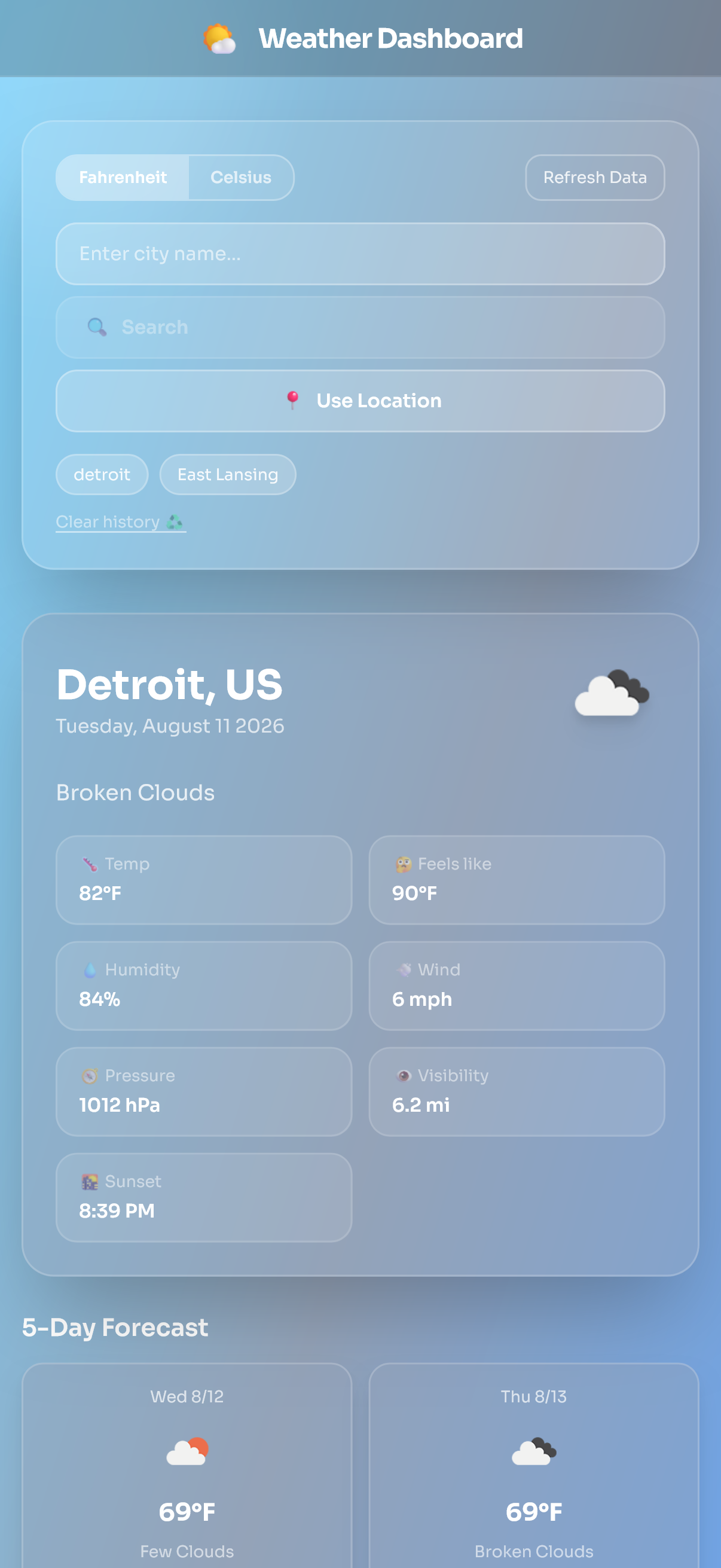 Weather Dashboard mobile Detroit forecast
