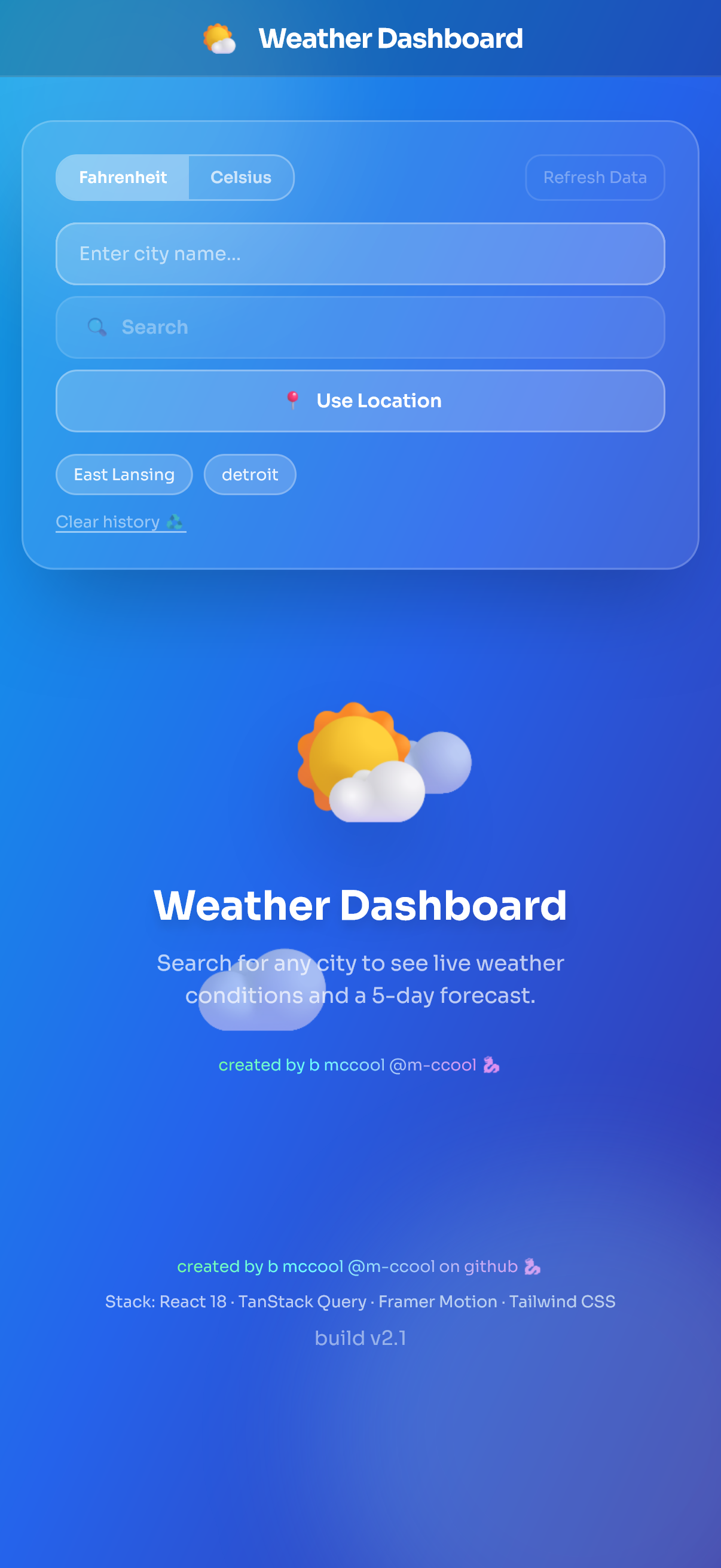 Weather Dashboard mobile search screen